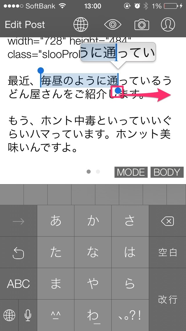 青丸でテキストの選択範囲を拡大する