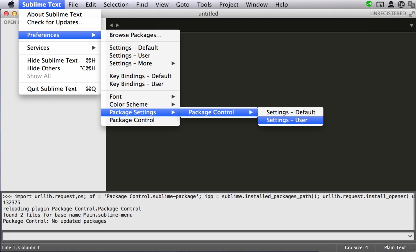 るPackage ControlのSettings - Userをクリック