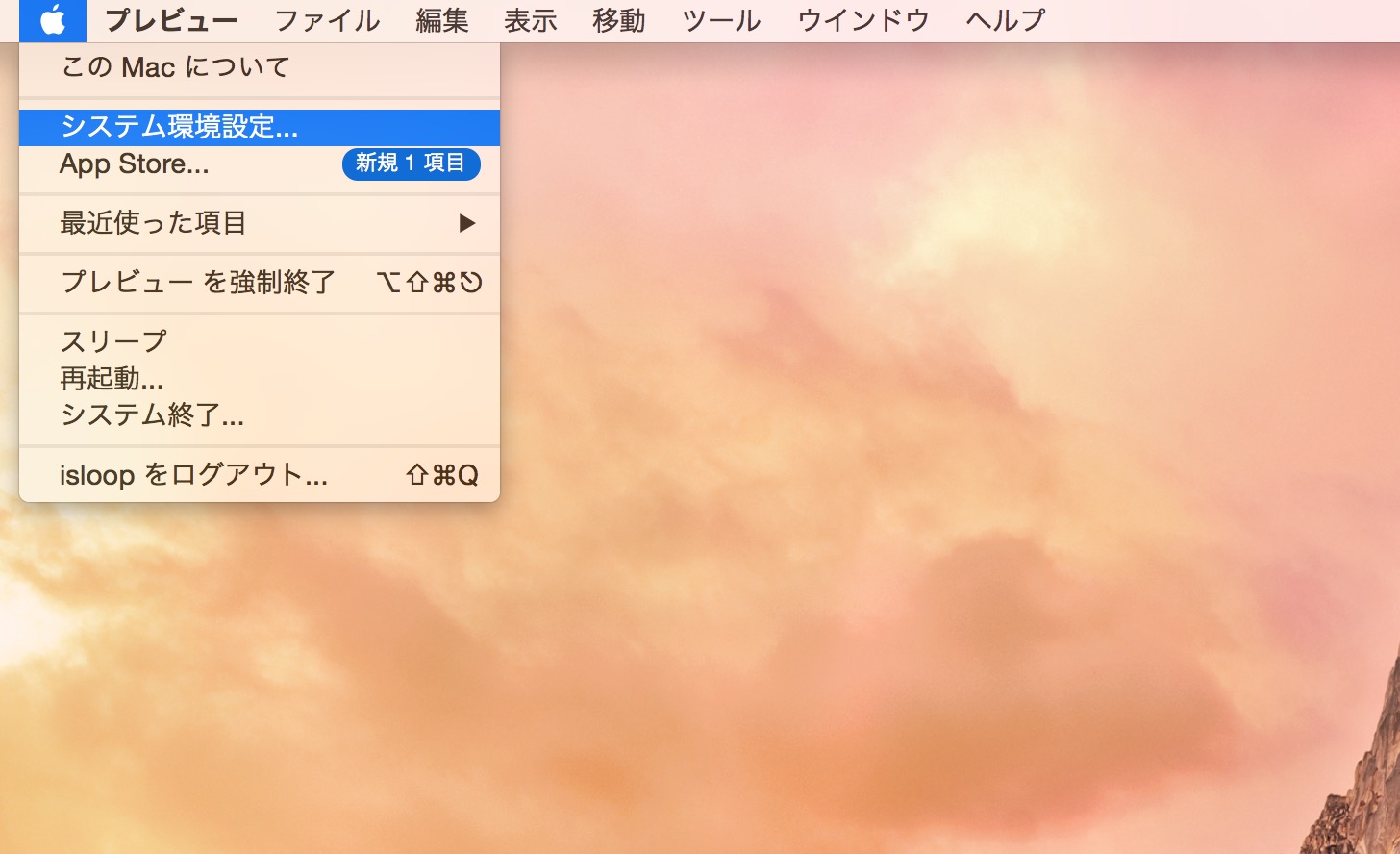 メニューバーのシステム環境設定をクリック。