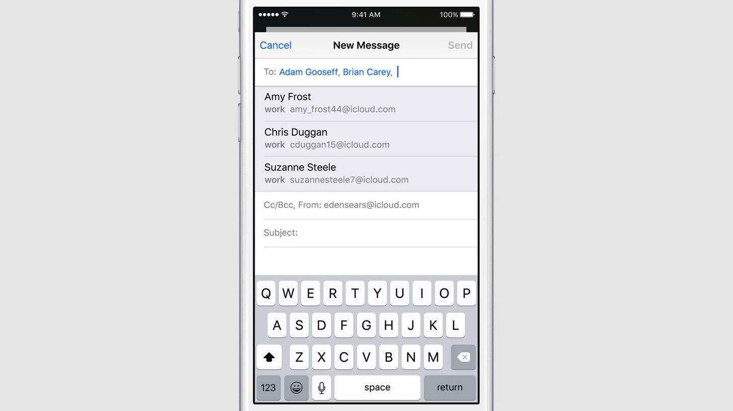 iOS9のメールは宛先のサジェストが可能です。