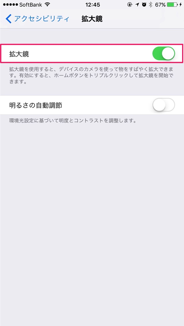 拡大鏡を使用すると、デバイスのカメラを使って物をすばやく拡大できます。有効にすると、ホームボタンをトリプルクリックして拡大鏡を開始できます。