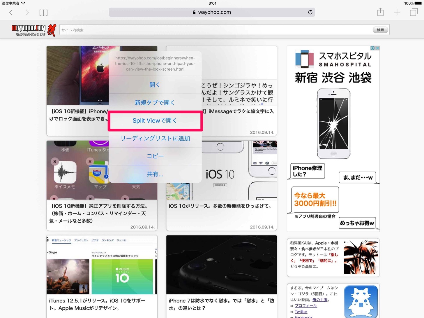 Split Viewで開くをタップ。
