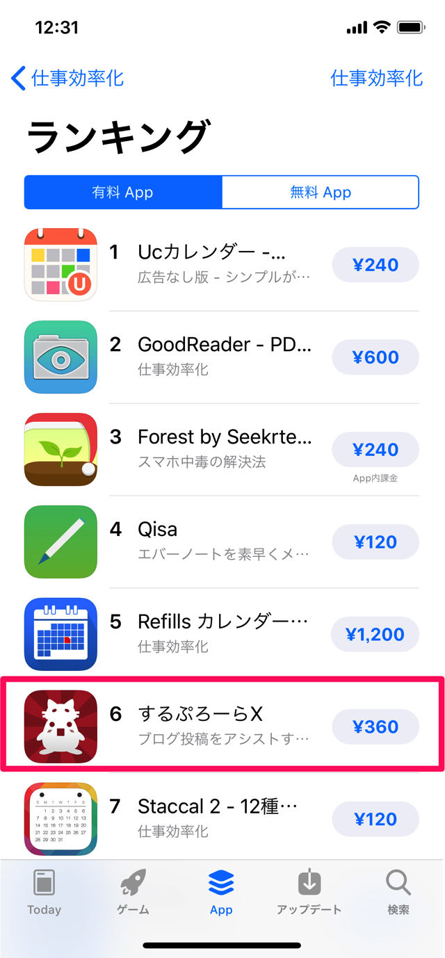 するぷろーら XがApp Storeの仕事効率化の有料ランキングで6位に！