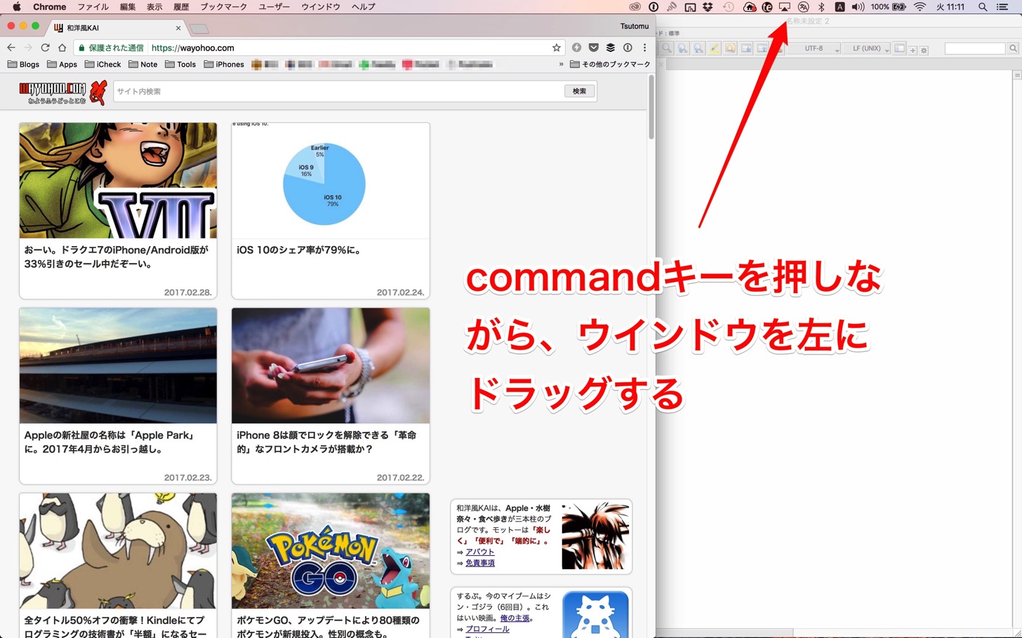commandキーを押しながらウインドウを左にドラッグする。