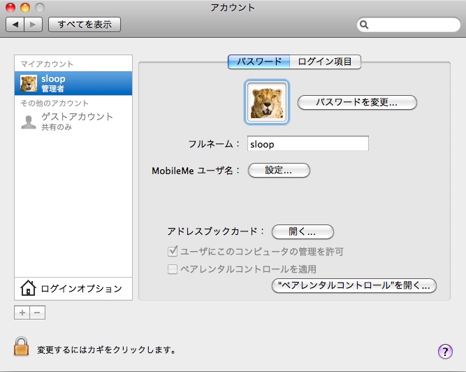 システム環境設定内のアカウントをクリック