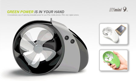 風力と太陽光でiPhone、iPod、PSPを充電できる充電器「HYmini Wind + Solar Power Battery Charger」が登場。