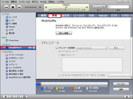 iPhone 3Gの情報タブを表示